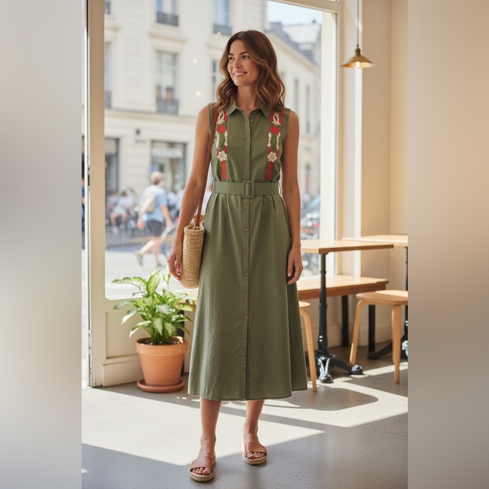 🍋 Embroidered Olive Belted Midi Dress | Size Small | Boho Cottagecore Style